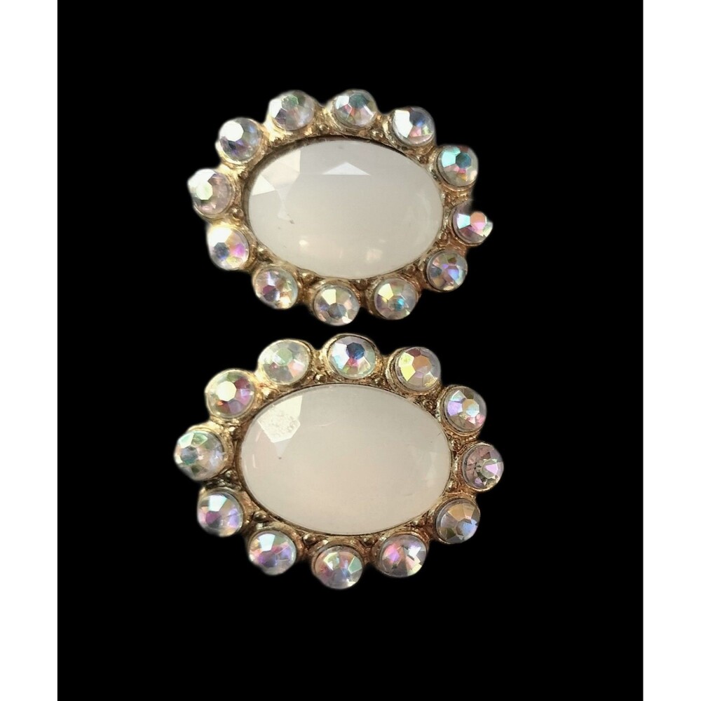 EL Erica Lyons Clip On Earrings White Rhinestone Irridescent Opal Stone Career 2
